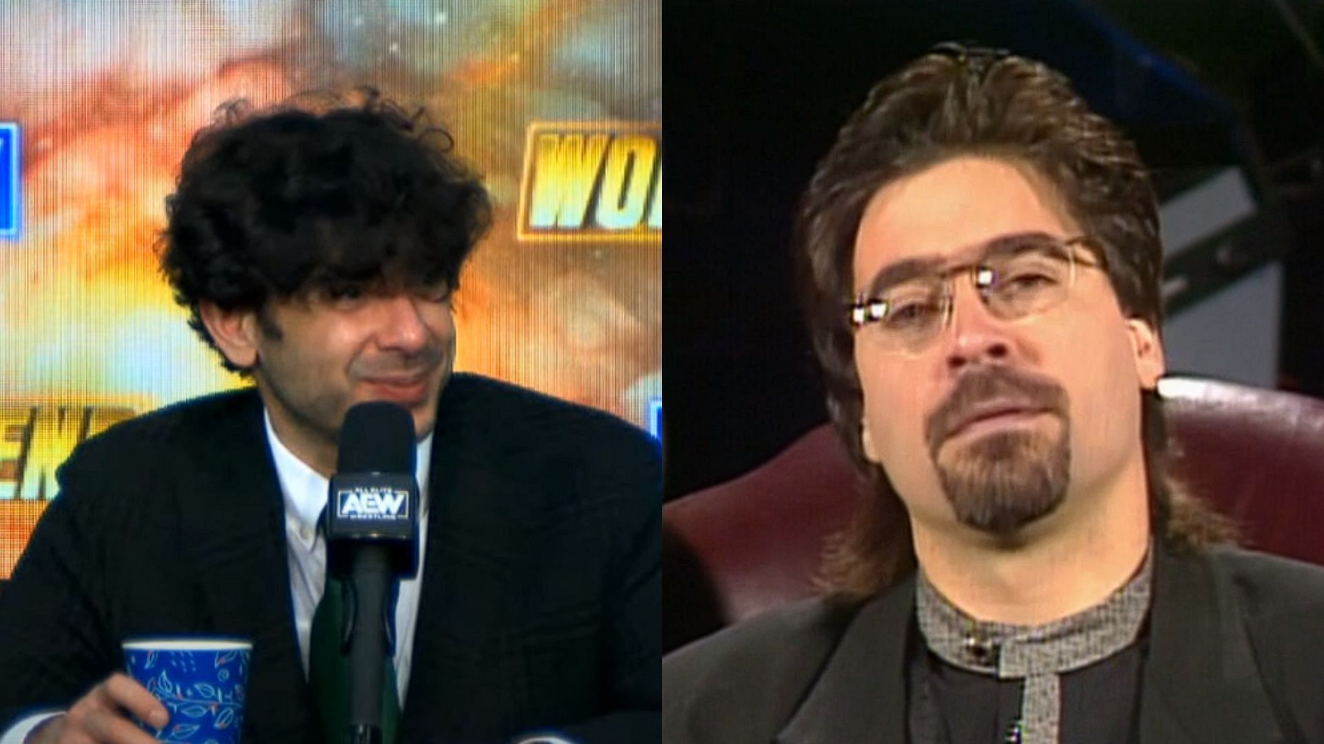 Tony Khan (left) [Screenshot taken from Worlds End Media Scrum on AEW Official YouTube Channel] and Vince Russo (right) [Screenshot taken from WWE