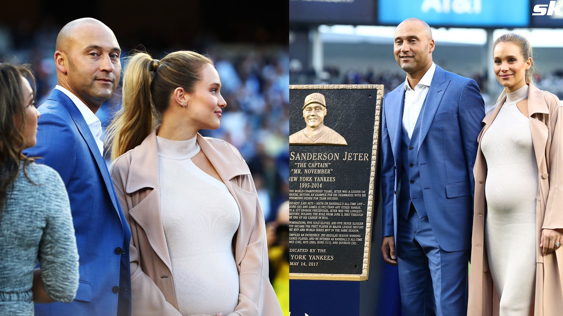 Derek Jeter poses with his wife Hannah Davis during the retirement ceremony of his number 2 jersey at Yankee Stadium in 2017