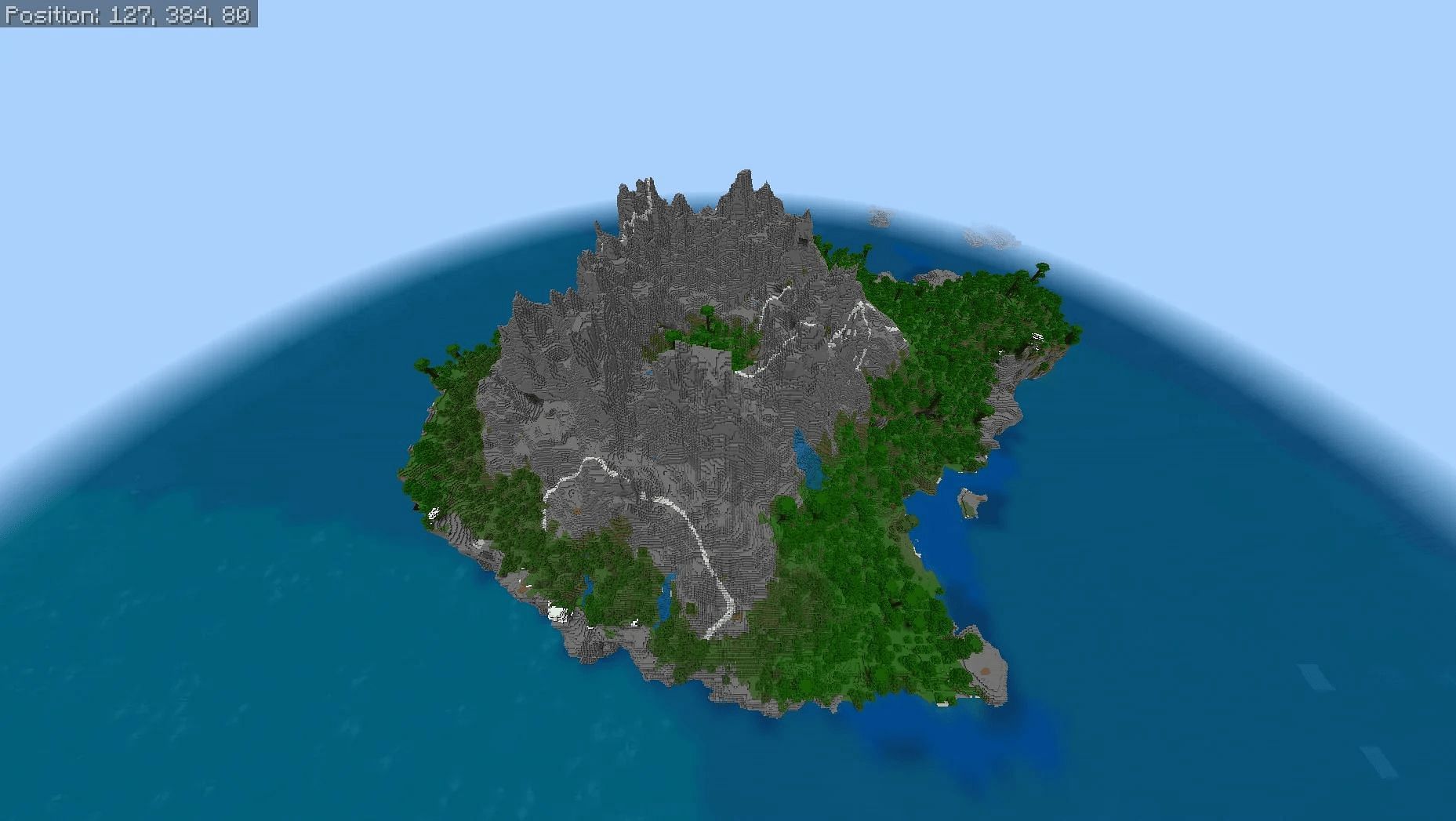 A mountainous island seed in Minecraft.
