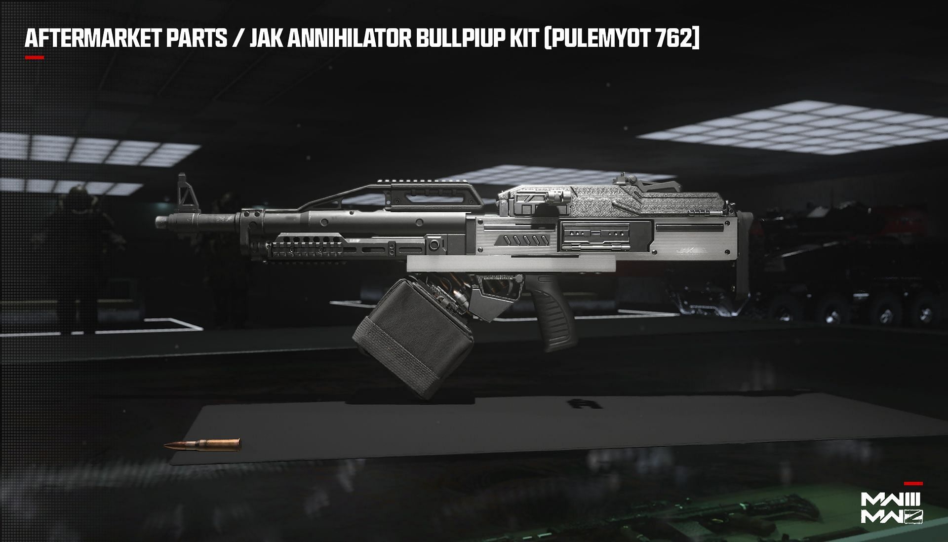 The JAK Annihilator Bullpup Kit for the Pulemyot-762 LMG in Modern Warfare 3 (Image via Activision)