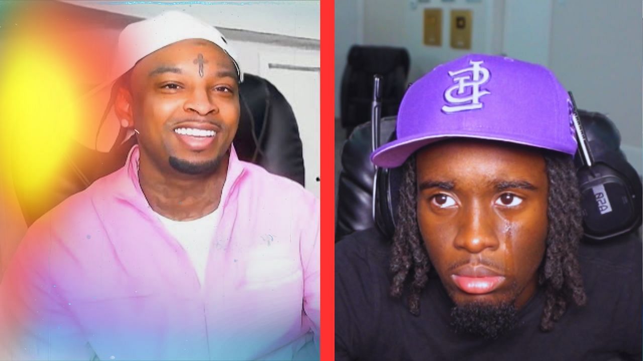 Popular streamer Kai Cenat (R) was roasted as he watched the Hawks-Lakers game on Tuesday after losing a $300,000 wager to 21 Savage (L) recently on EA Madden.