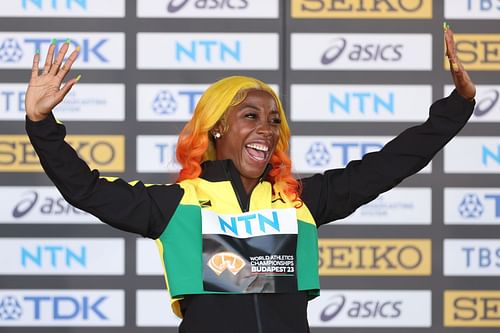 Shelly-Ann Fraser-Pryce during the medal ceremony for the Women's 100m at the World Athletics Championships Budapest 2023. (Photo by Christian Petersen/Getty Images for World Athletics)