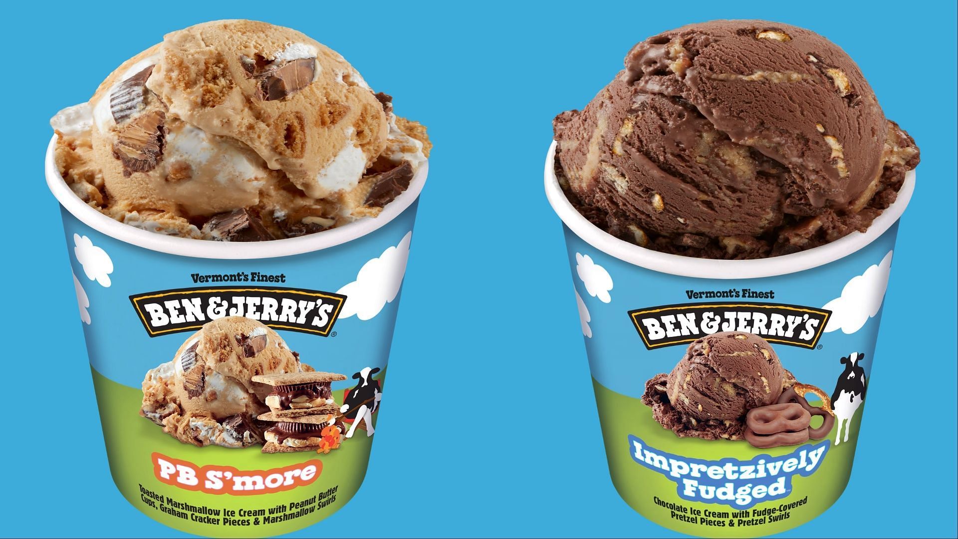The Impretzively Fudged and PB S&rsquo;more flavors are available in stores and scoop shops starting January 24 (Image via Ben &amp; Jerry&rsquo;s)