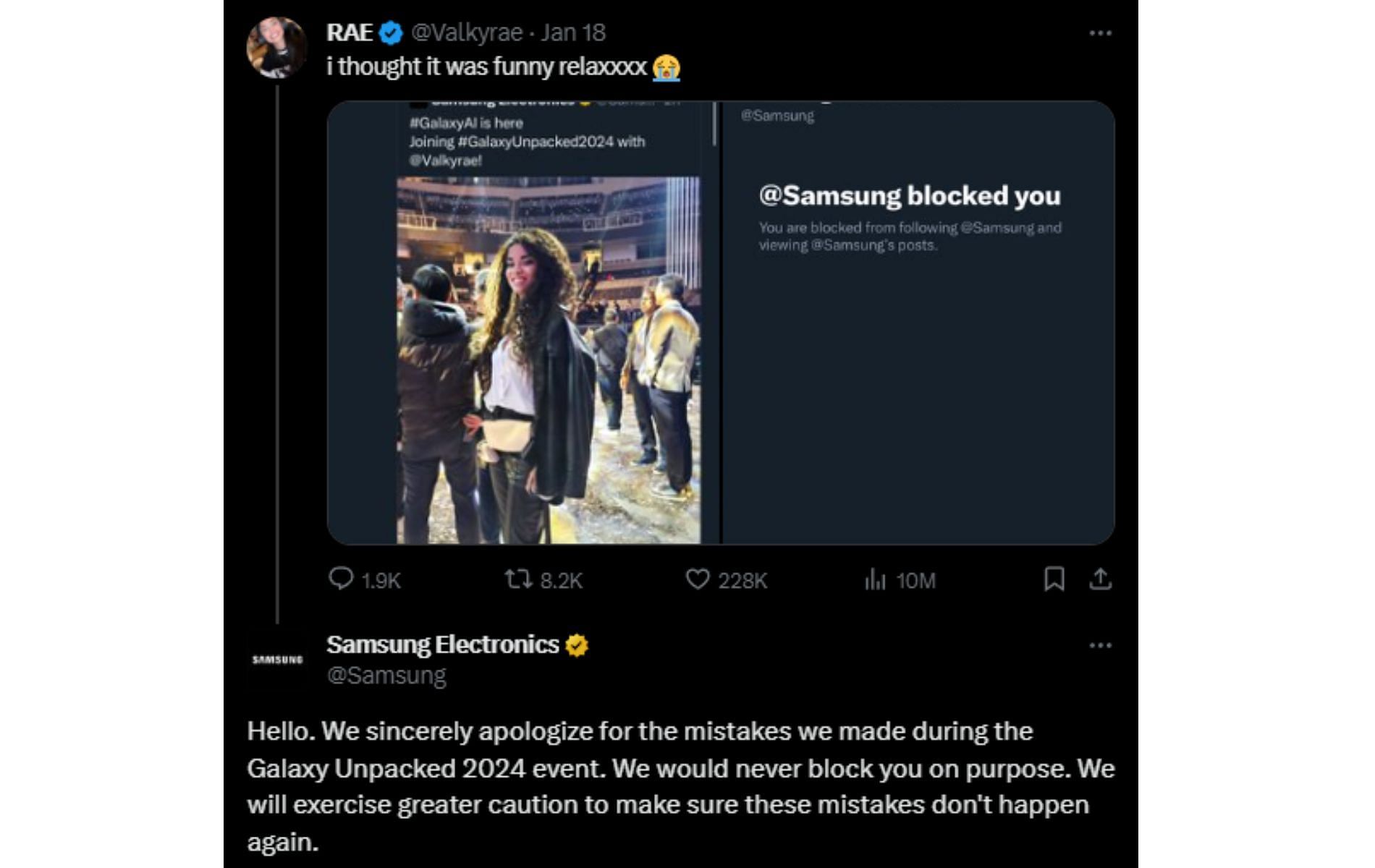 Samsung posts its apology following the mistaken identity (Image via X/@Samsung)