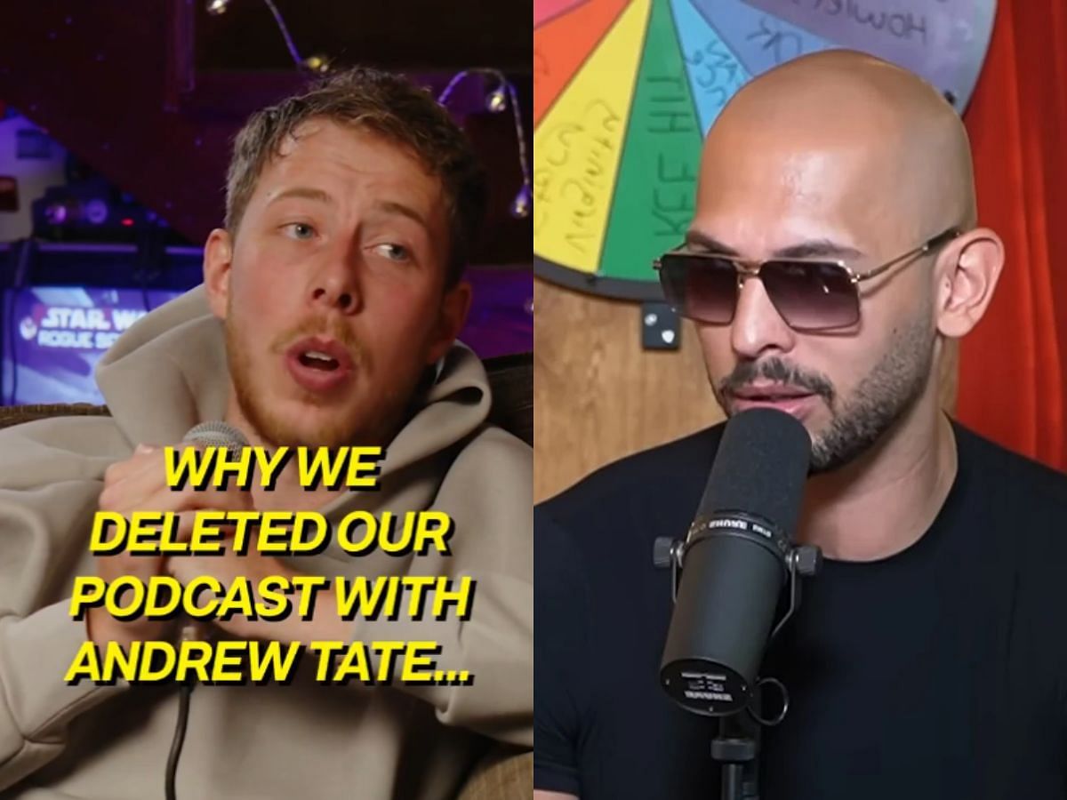The Fellas explain why podcast episode with Andrew Tate had to be removed (Image via X/@luxcurv and YouTube/The Fellas)