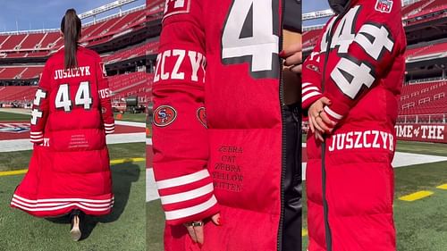 Kristin Juszczyk flaunts her new jacket for the NFC Championship Game, inspired by her husband’s jersey.