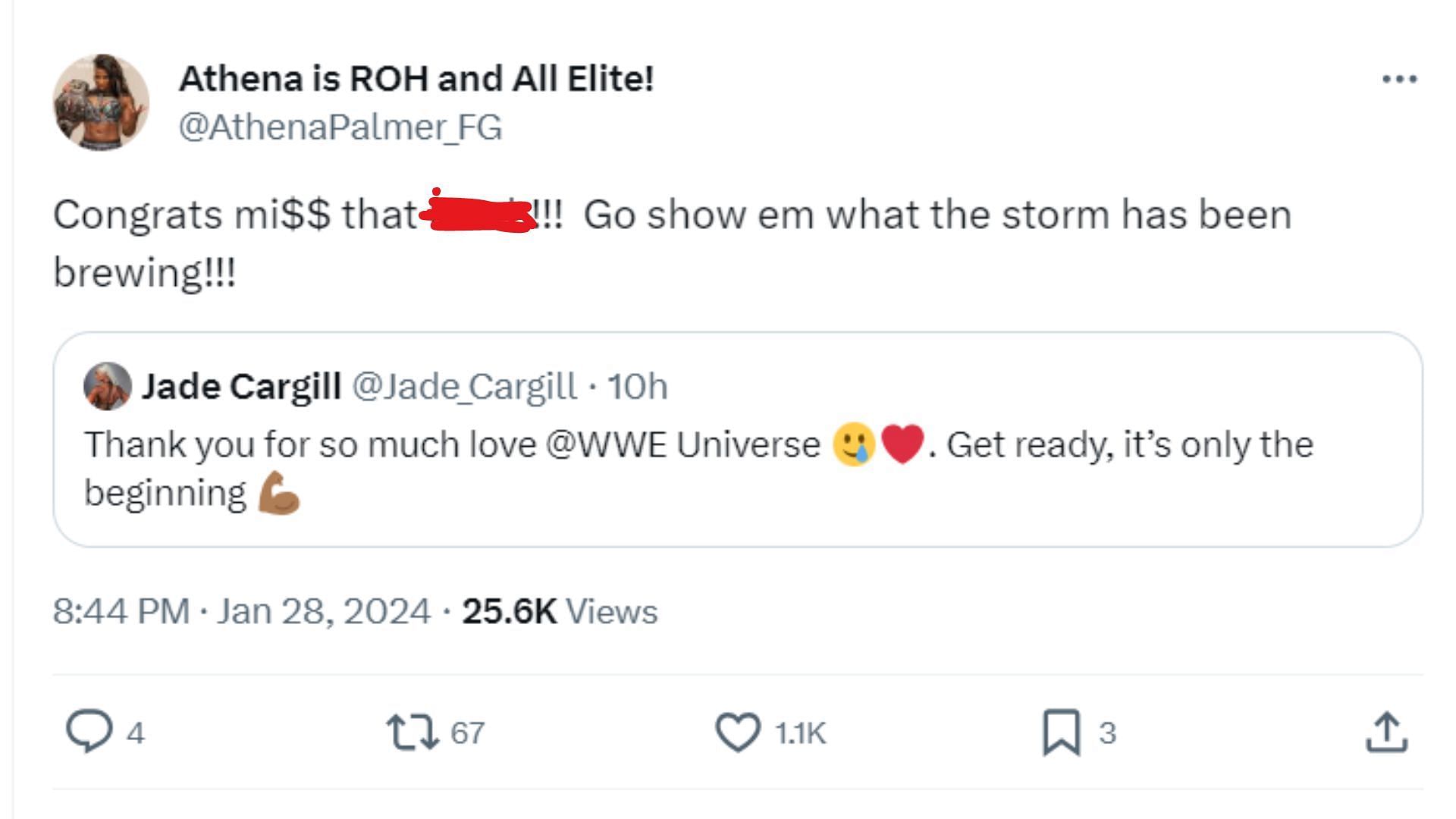 Athena congratulated Jade Cargill on her Royal Rumble debut