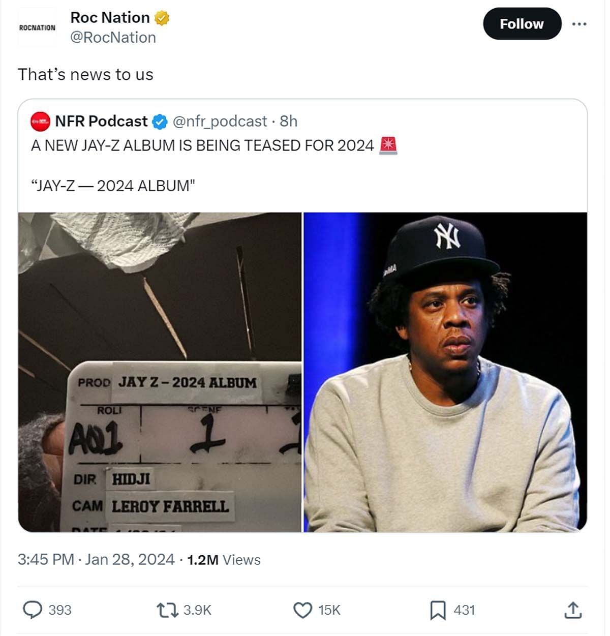 Roc Nation reacting to the rumors (Image via X/ @RocNation)
