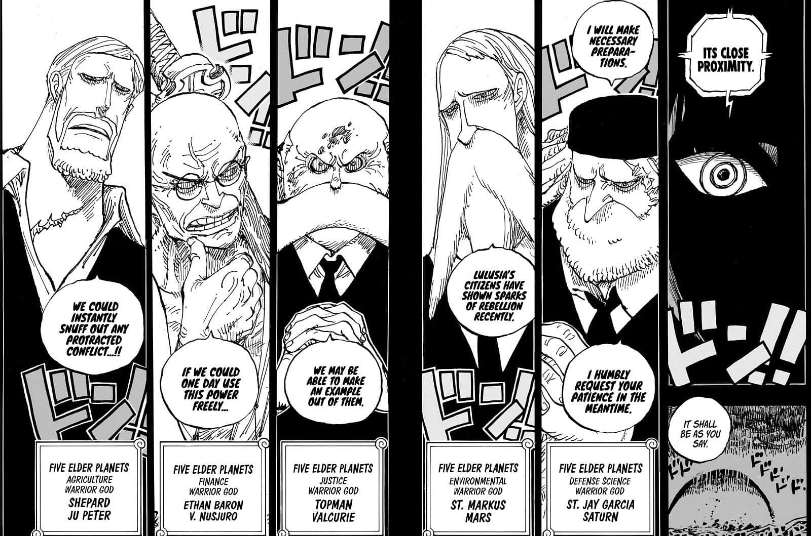 Introduction of Five Elders in chapter 1086 (Image via Eiichiro Oda/Shueisha)