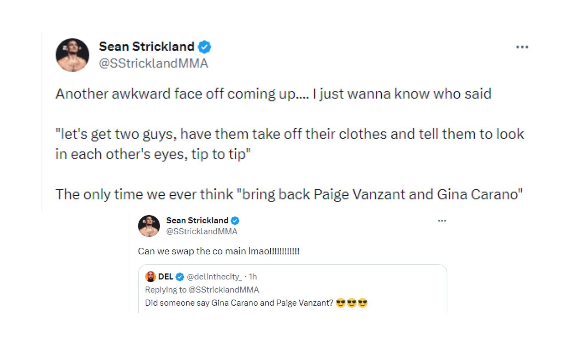 Strickland&#039;s tweets regarding Gina Carano and Paige VanZant [Image courtesy: @SStricklandMMA - X]