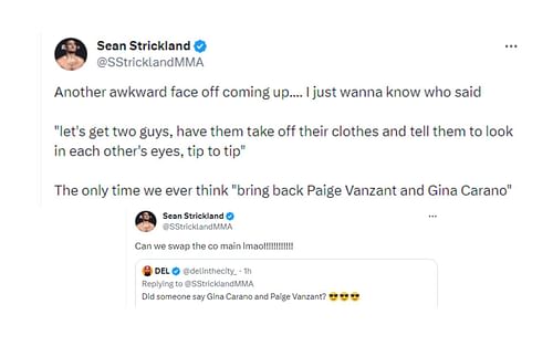 Strickland's tweets regarding Gina Carano and Paige VanZant [Image courtesy: @SStricklandMMA - X]