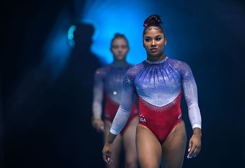 Jordan Chiles enters the arena ahead of the Women's Team Fina at the 2022 FIG Artistic Gymnastics World Championships in Liverpool, England