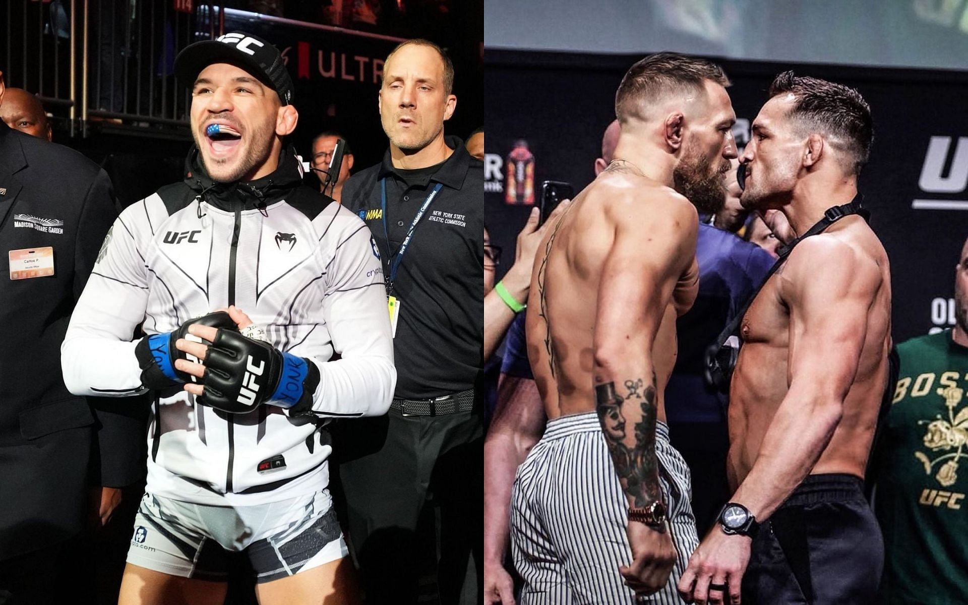 Michael Chandler making a ringwalk (left) and Michael Chandler facing off against Conor McGregor (right) (Images courtesy @mikechandlermma on Instagram)