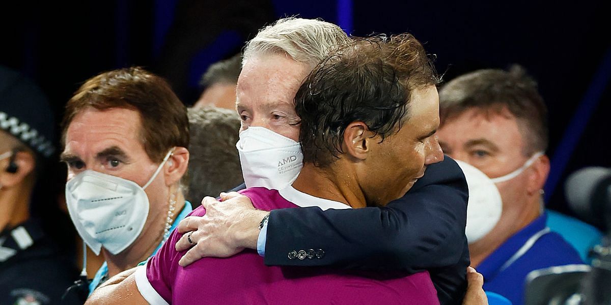 Craig Tiley hugs Rafael Nadal following the latter&#039;s 2022 Australian Open title victory