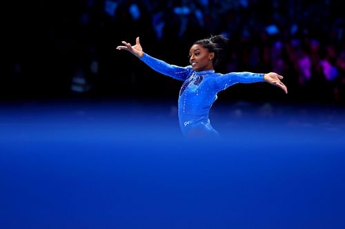 Simone Biles competes on Floor Exercise during the Women's All Around Final of the 2023 Artistic Gymnastics World Championships. (Photo by Naomi Baker/Getty Images)