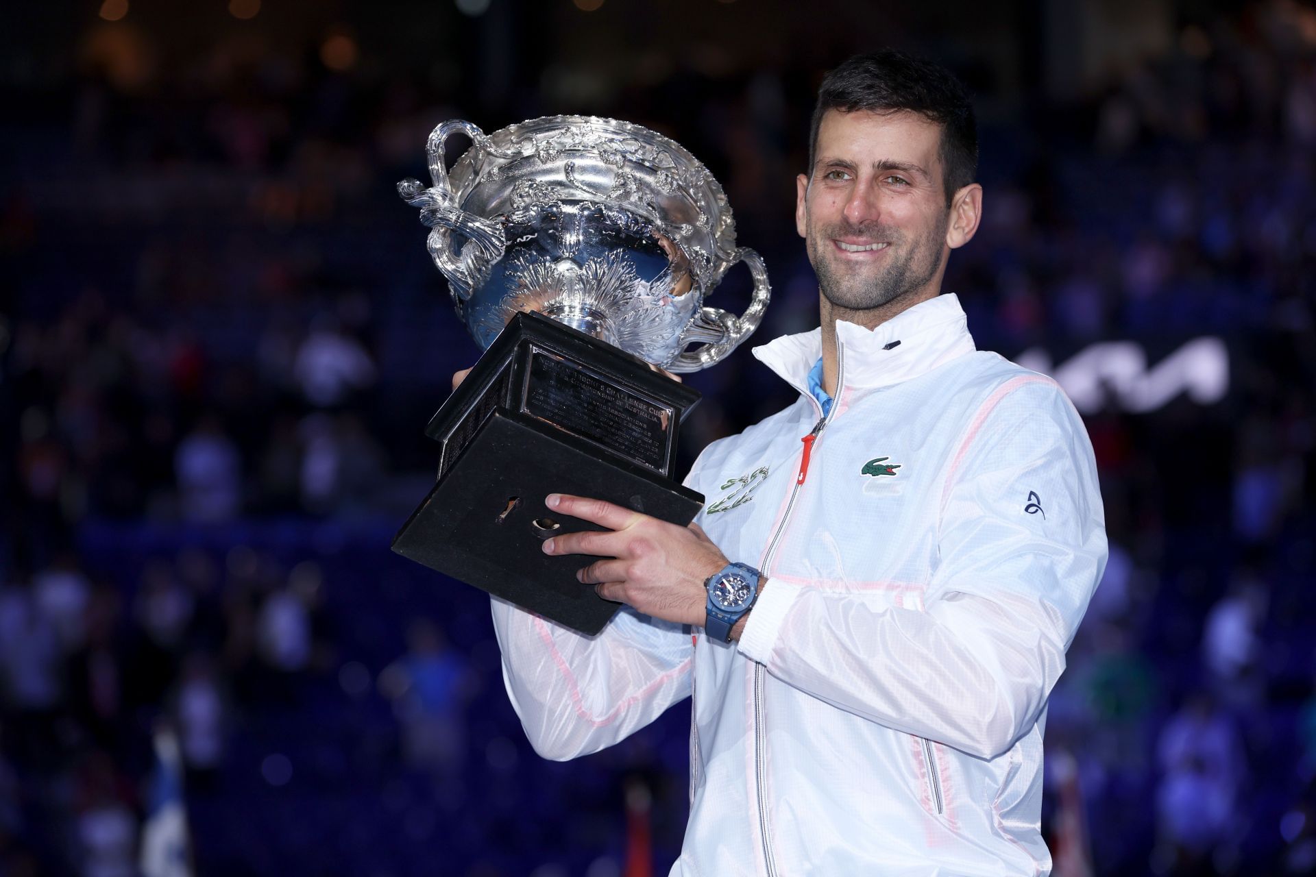 Novak Djokovic with the 2023 Australian Open trophy.