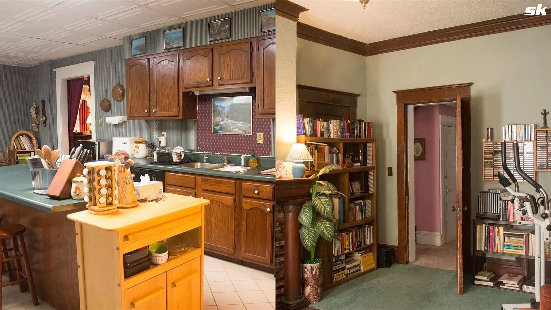 The kitchen and the library room inside the mansion