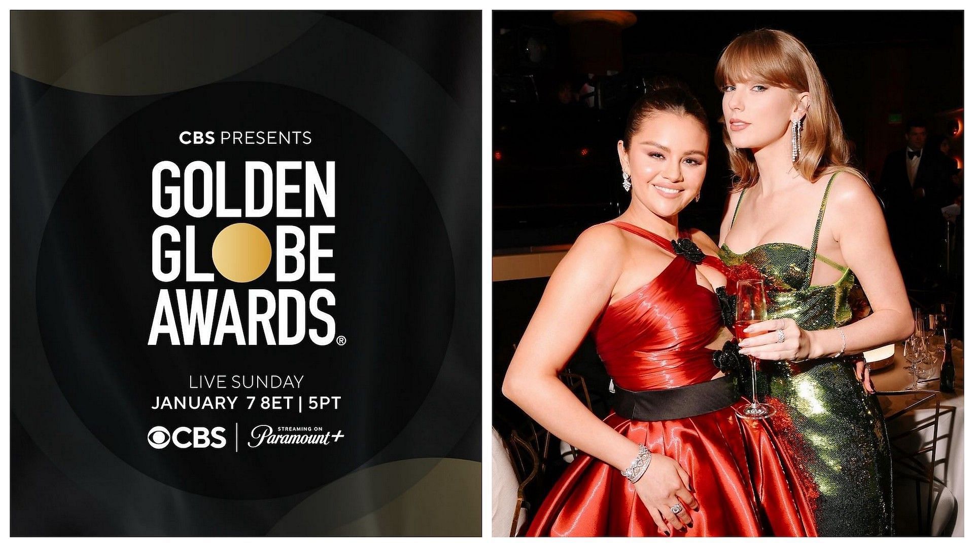 Selena Gomez and Taylor Swift at the Golden Globes 2024 (Images via Instagram/@goldenglobes))