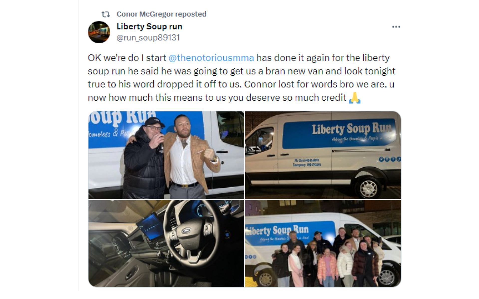 Tweet regarding McGregor&#039;s gift to Liberty Soup Run [Image courtesy: @run_soup89131 - X]