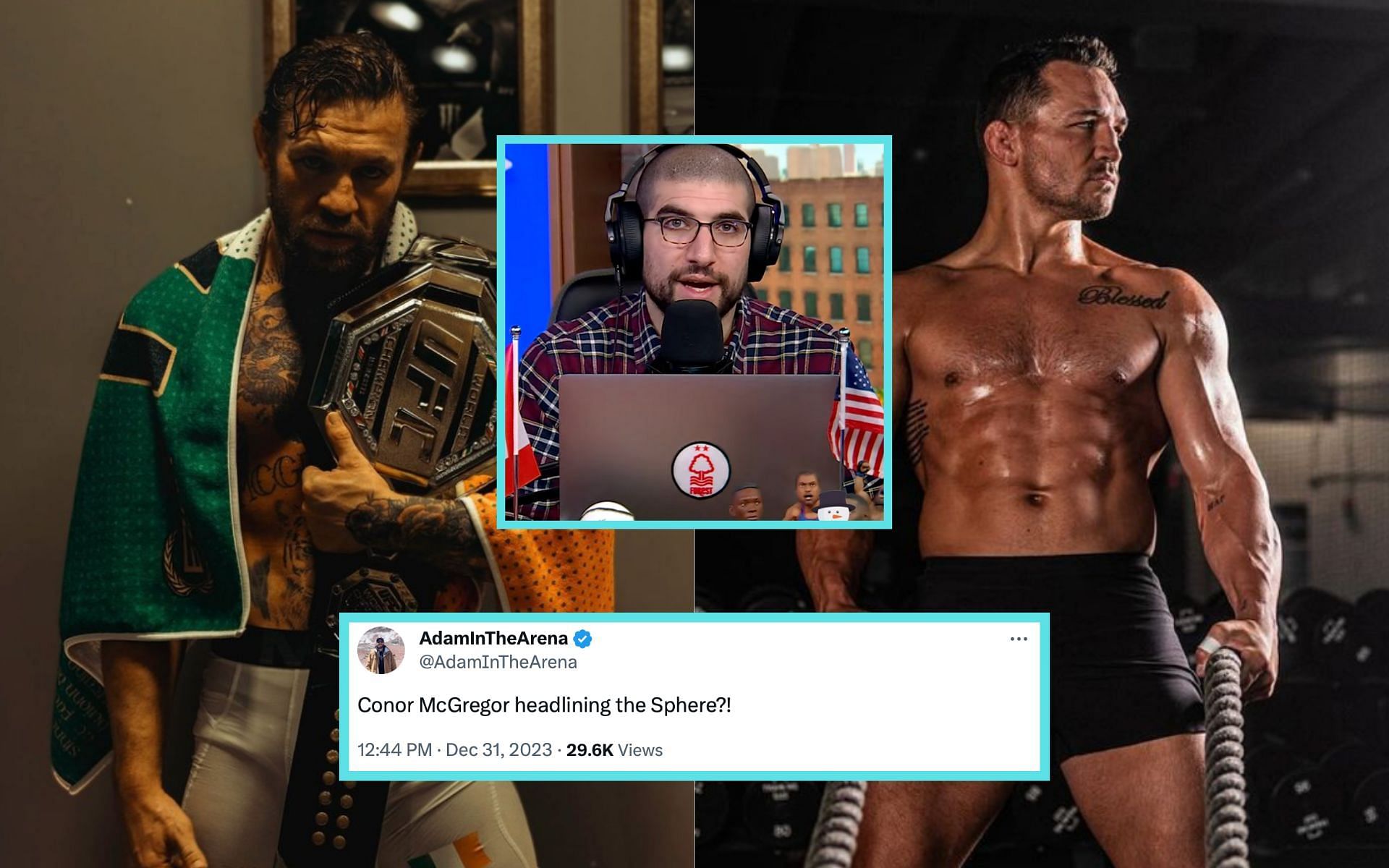 Ariel Helwani (center) releases information on how the Conor McGregor (left) and Michael Chandler (right) fight materialized [Photo Courtesy @thenotoriousmma and @mikechandler on Instagram, MMAFightingonSBN on YouTube]