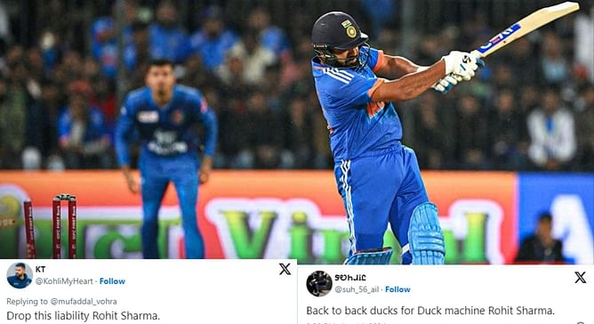 "Drop this liability" - Fans react as Rohit Sharma departs for golden duck in IND vs AFG 2nd T20I