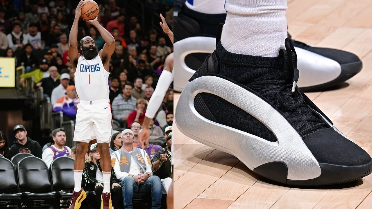 James Harden laced up in clean colorway of Harden Vol.8 (Image source: Instagram @jharden13 &amp; X/Twitter @NickDePaula)