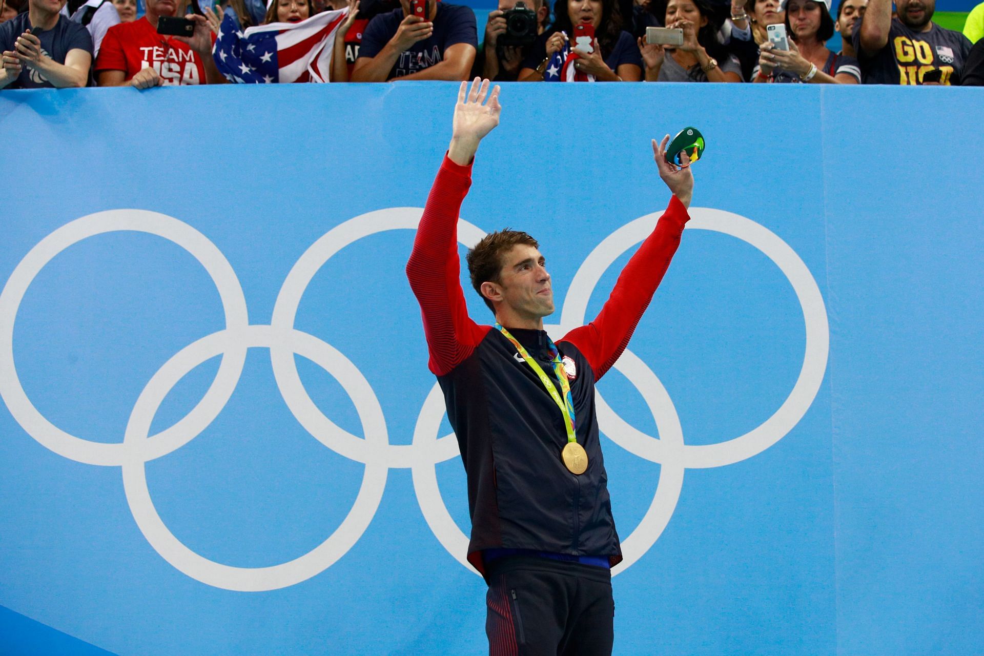 Gold medalist Michael Phelps of the United States celebrates on the podium during the medal ceremony for the Men&#039;s 200m Individual Medley Final on Day 6 of the Rio 2016 Olympic Games at the Olympic Aquatics Stadium on August 11, 2016 in Rio de Janeiro, Brazil. (Photo by Adam Pretty/Getty Images)