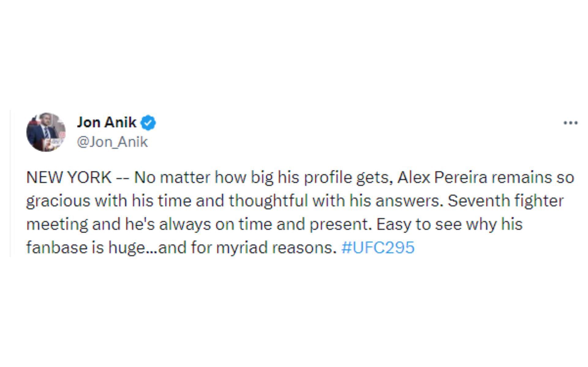 Anik&#039;s tweet regarding his interactions with Pereira [Image courtesy: @Jon_Anik - X]