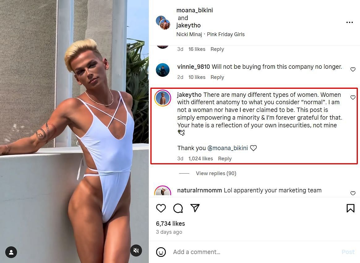 Jake Young in response to criticism over Moana Bikini&#039;s campaign (Image via Instagram/@moana_bikini)
