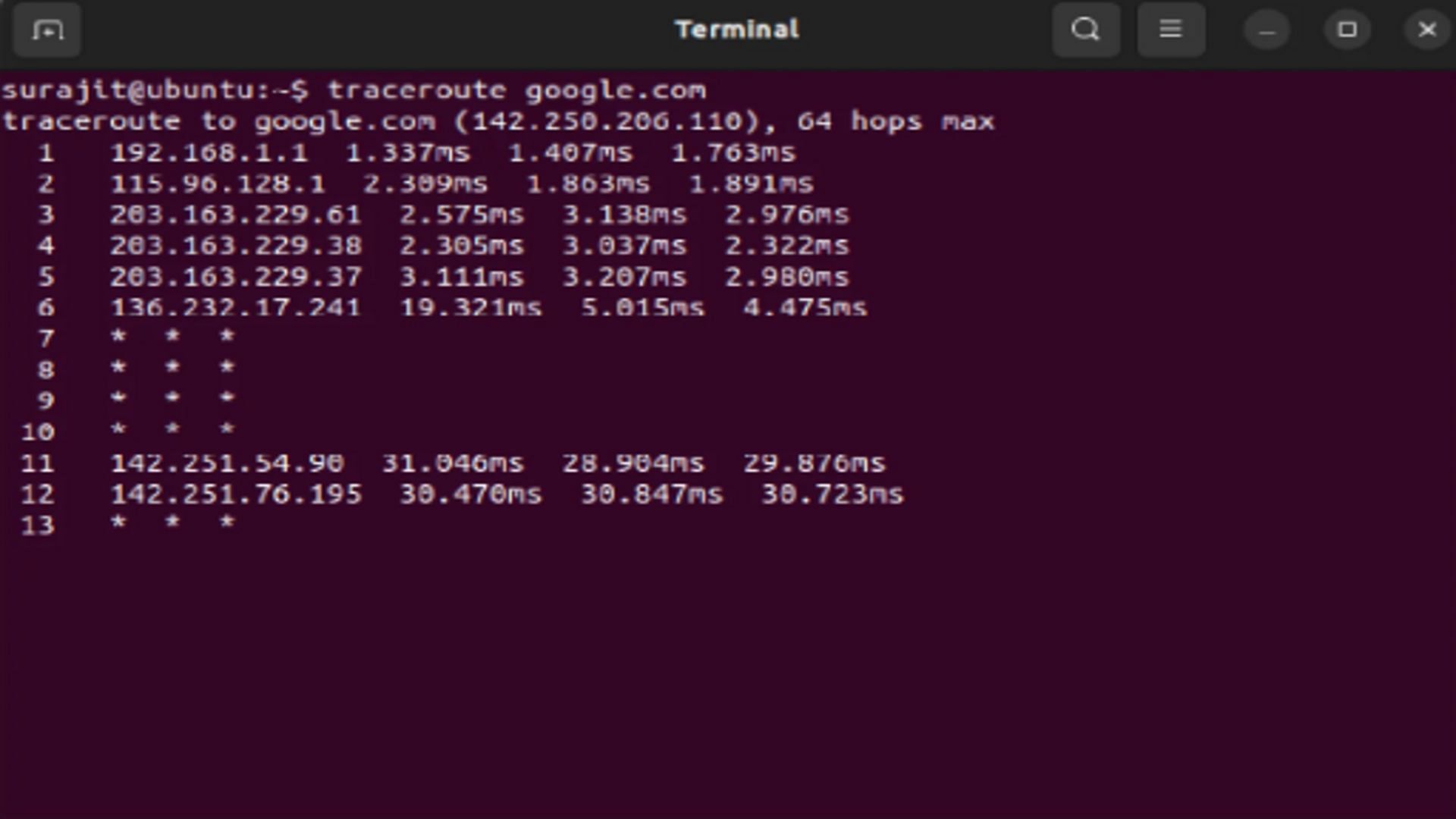 traceroute command (Image via Ubuntu)