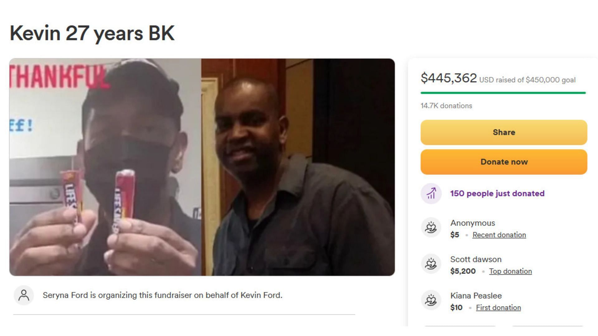 The GoFundMe page that Ford&#039;s daughter created (Image via GoFundMe)