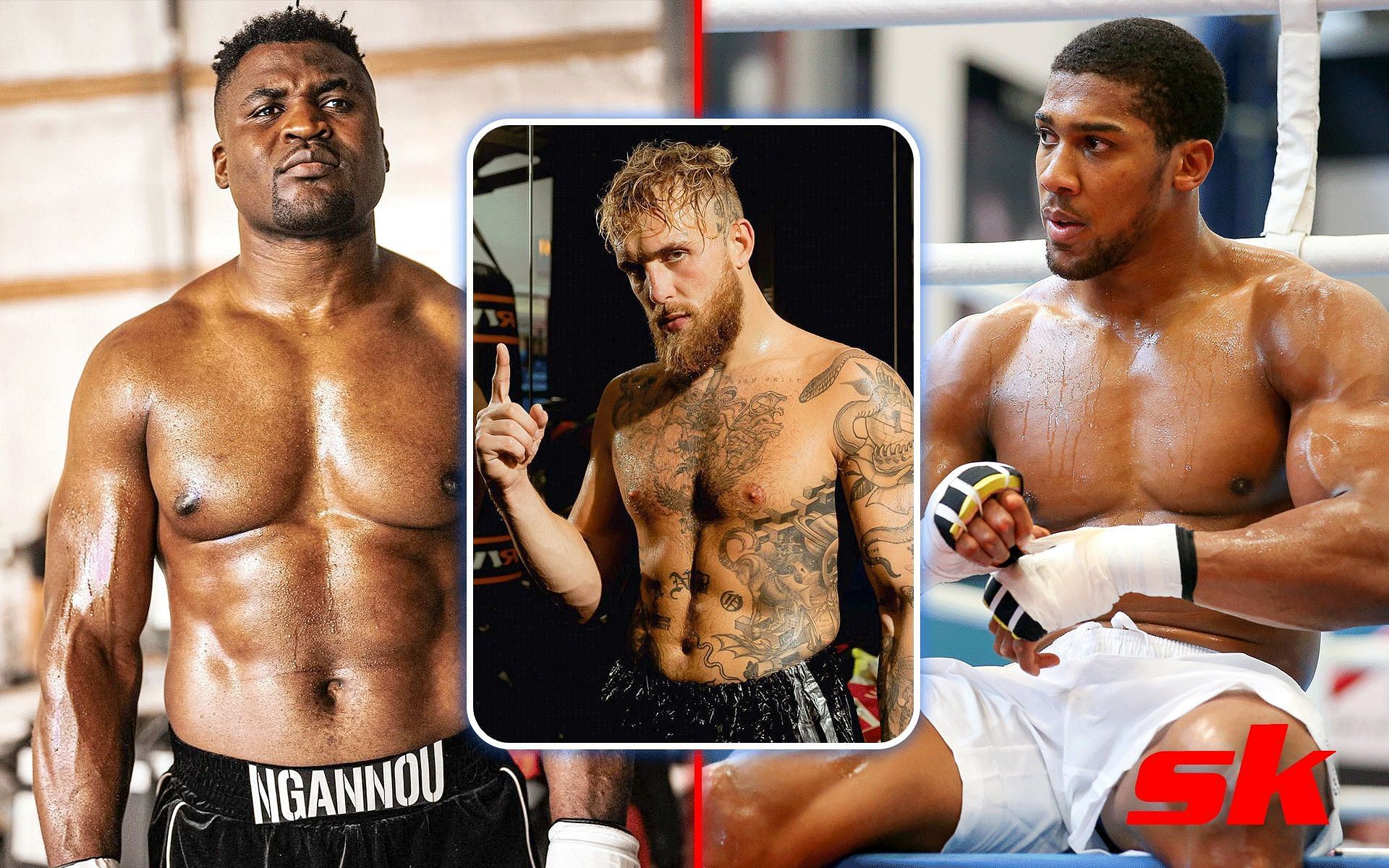 Francis Ngannou (left), Jake Paul (middle), and Anthony Joshua (right) [Images courtesy: @francisngannou on Instagram, @jakepaul on Instagram, and Getty Images]