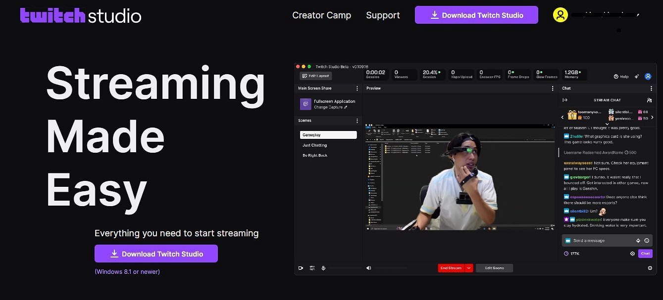 Twitch offers its software for streaming (Image via Twitch)