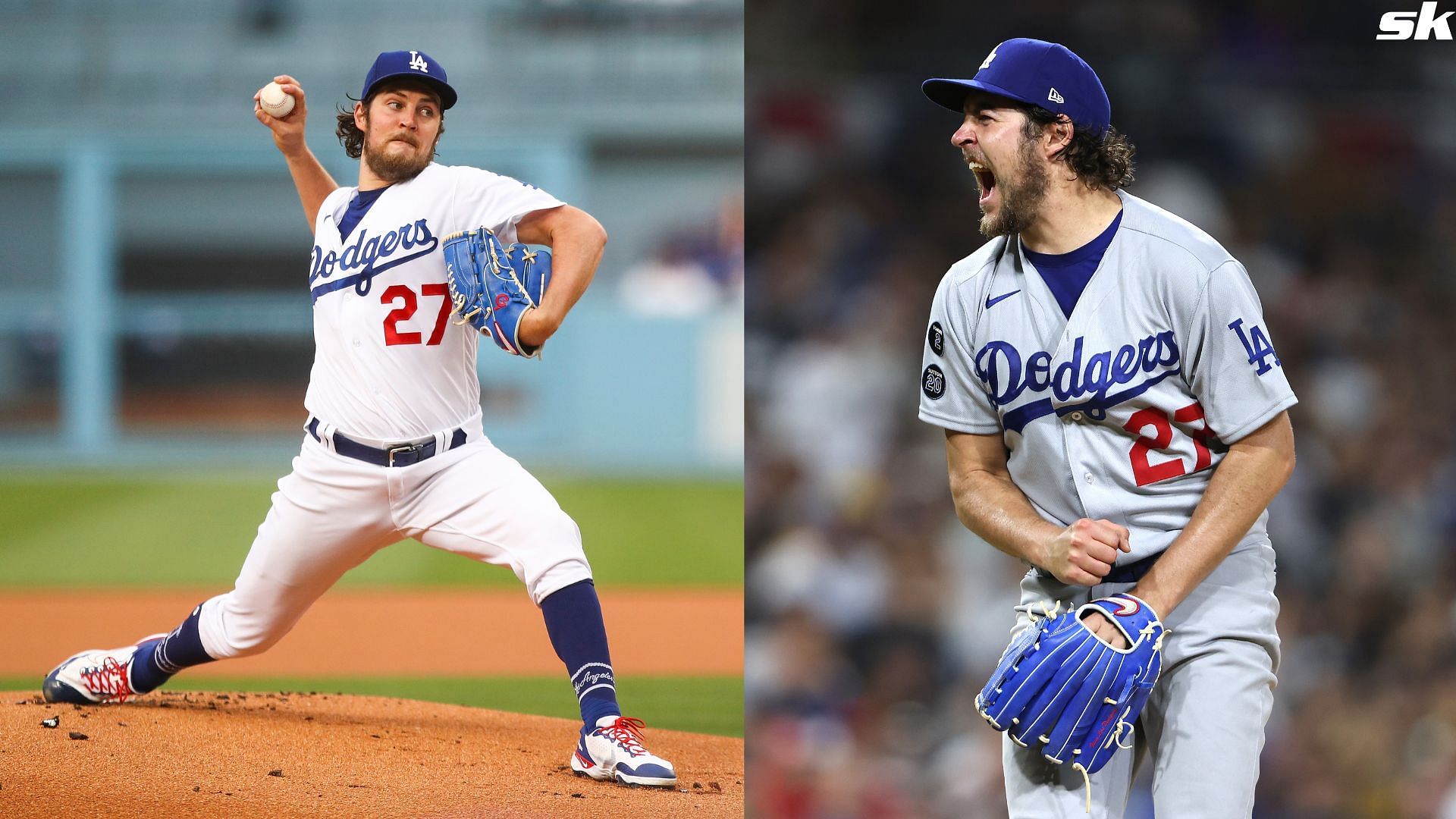 Trevor Bauer of the Los Angeles Dodgers reacts to striking out Trent Grisham of the San Diego Padres to end the sixth inning of a game at PETCO Park