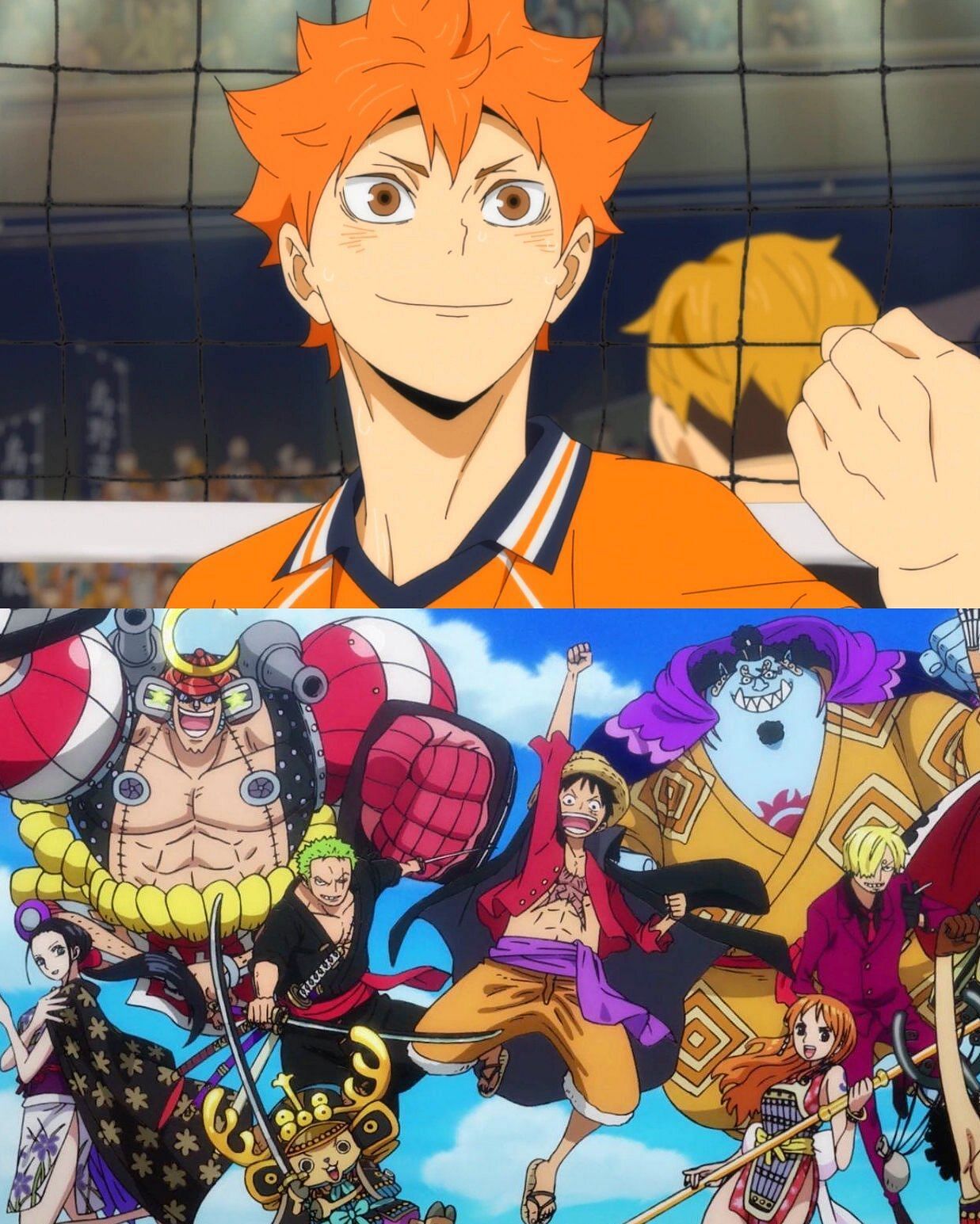 Haikyu!! protagonist Hinata and his favorite One Piece character (Image via Production I.G. and Toei Animation).