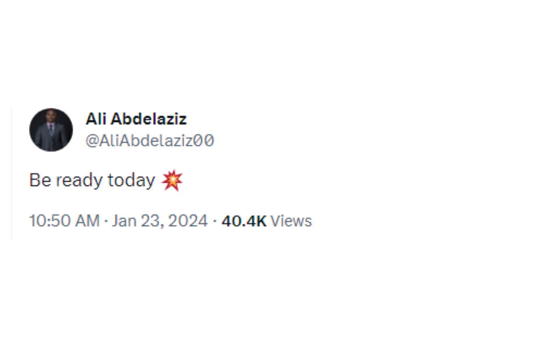 Abdelaziz&#039;s tweet teasing an announcement [Image courtesy: @AliAbdelaziz00 - X]