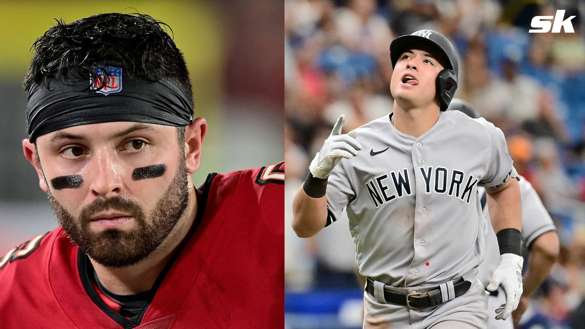 Yankees rookie Anthony Volpe was spotted at a hockey game alongside Bucs QB Baker Mayfield