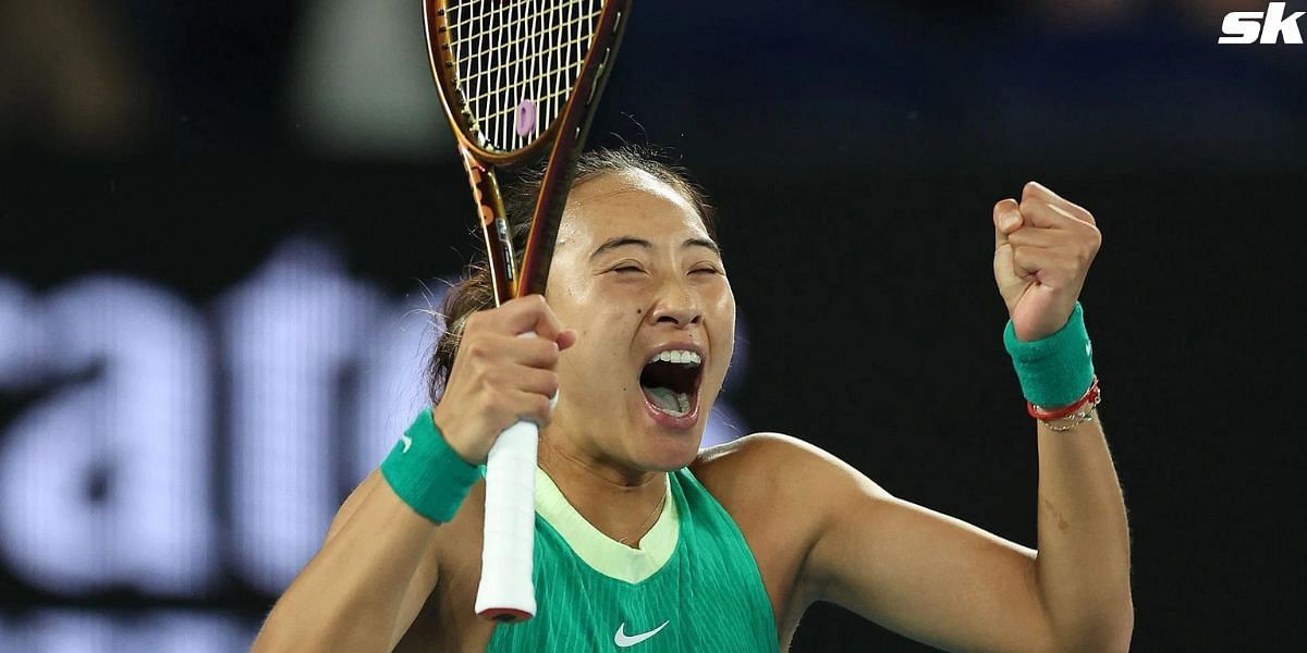 Zheng Qinwen celebrates her SF win at the Australian Open