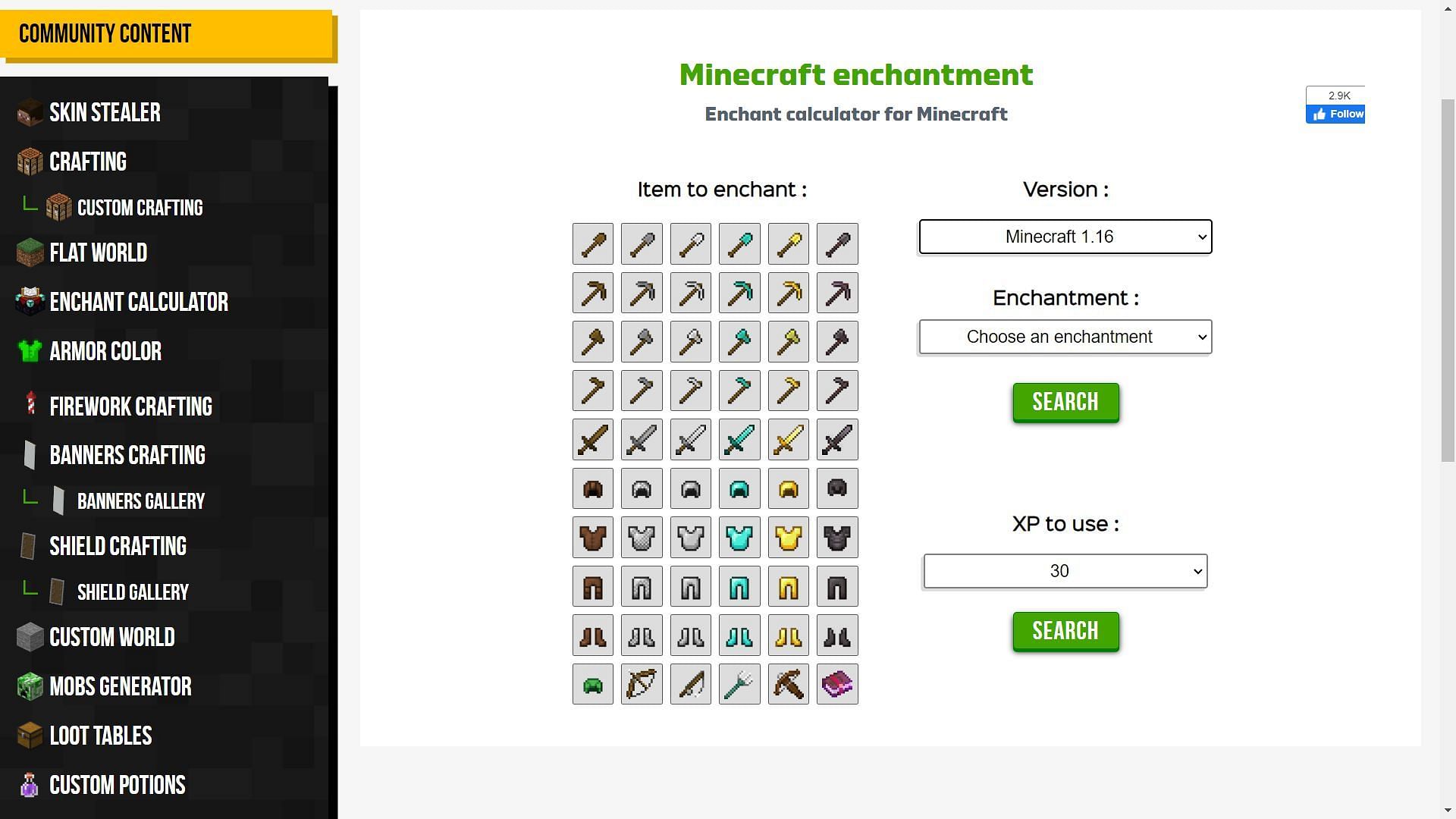 Enchant calculator allows players to see the probability of an enchantment on the enchanting table (Image via Minecraft.Tools)