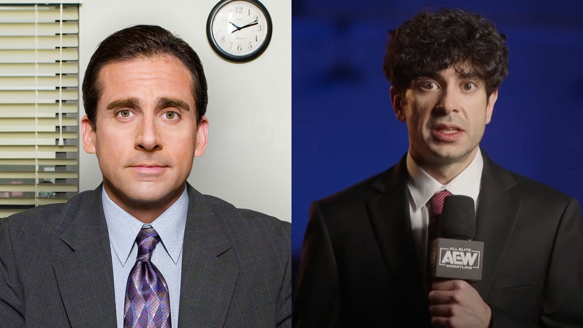 Michael Scott from The Office (left), and AEW President Tony Khan (right) 