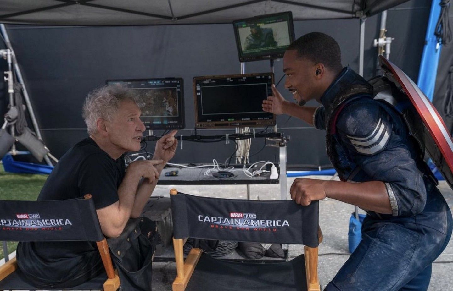 Harrison Ford and Anthony Mackie on the set of Captain America 4 (Image via @anthonymackie on Instagram)