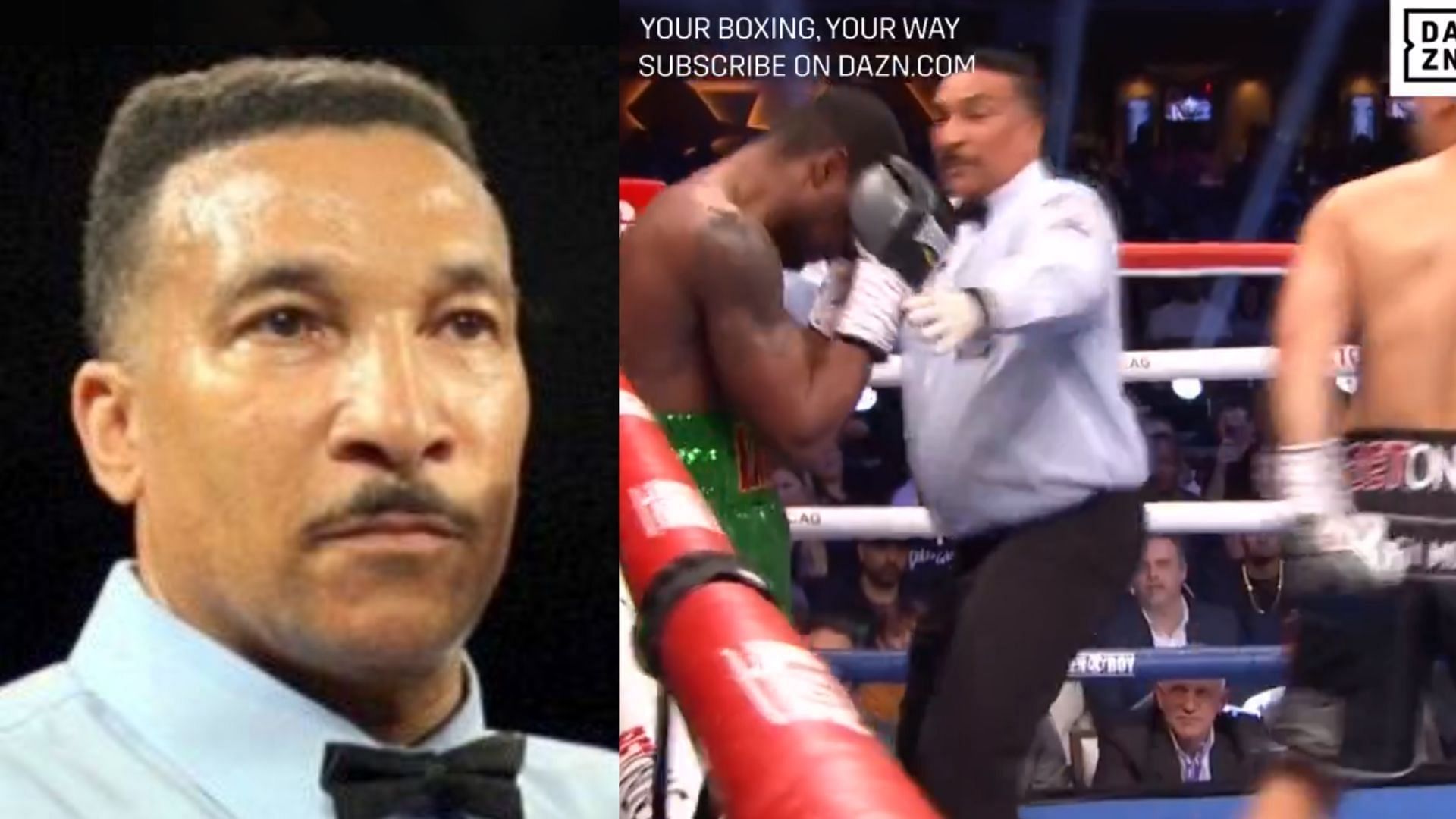 Referee Tony Weeks (left) releases statement following controversial stoppage between Vergil Ortiz Jr. and Fredrick Lawson [Images courtesy of @daznboxing on X]