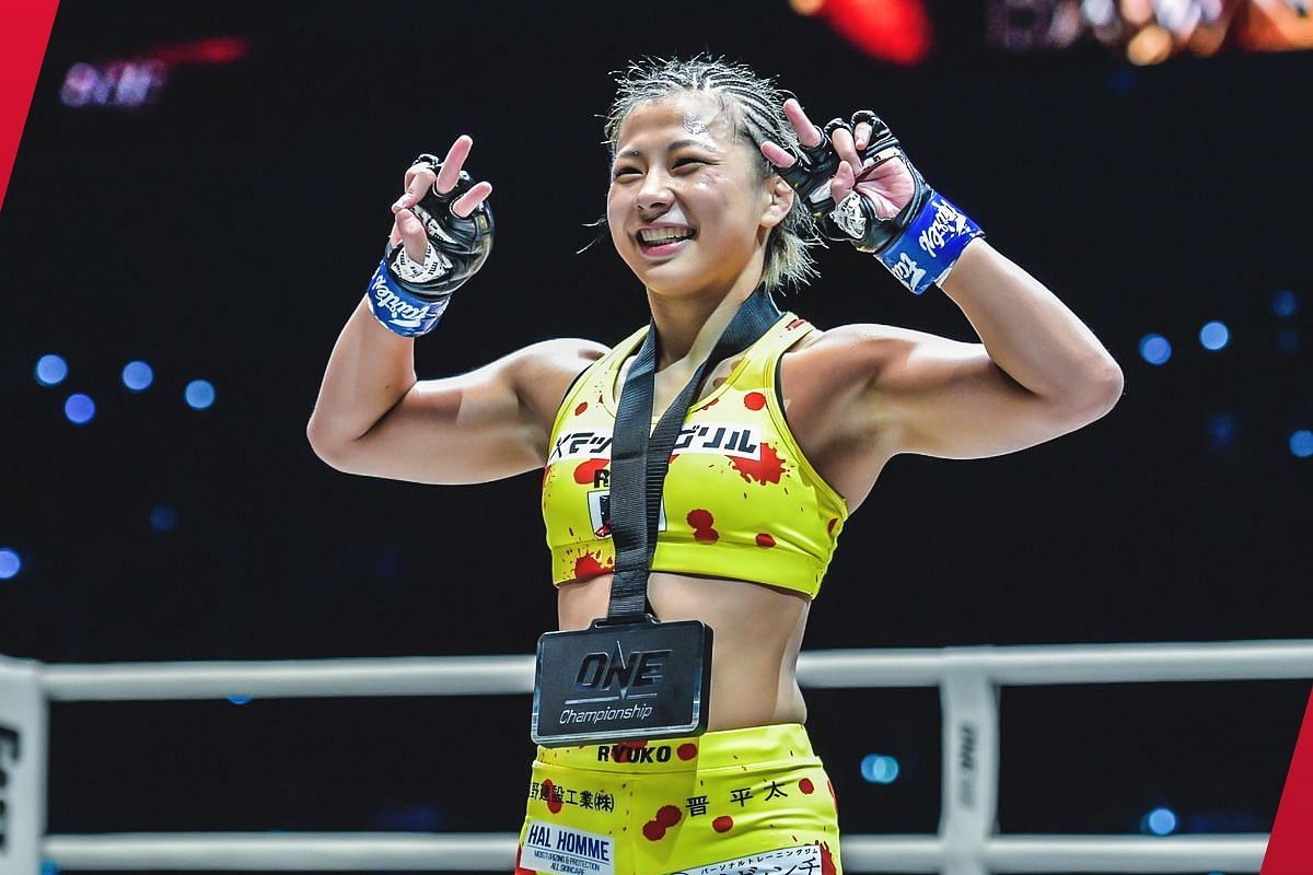 Ayaka Miura posting for photos after her victory | Image credit: ONE Championship