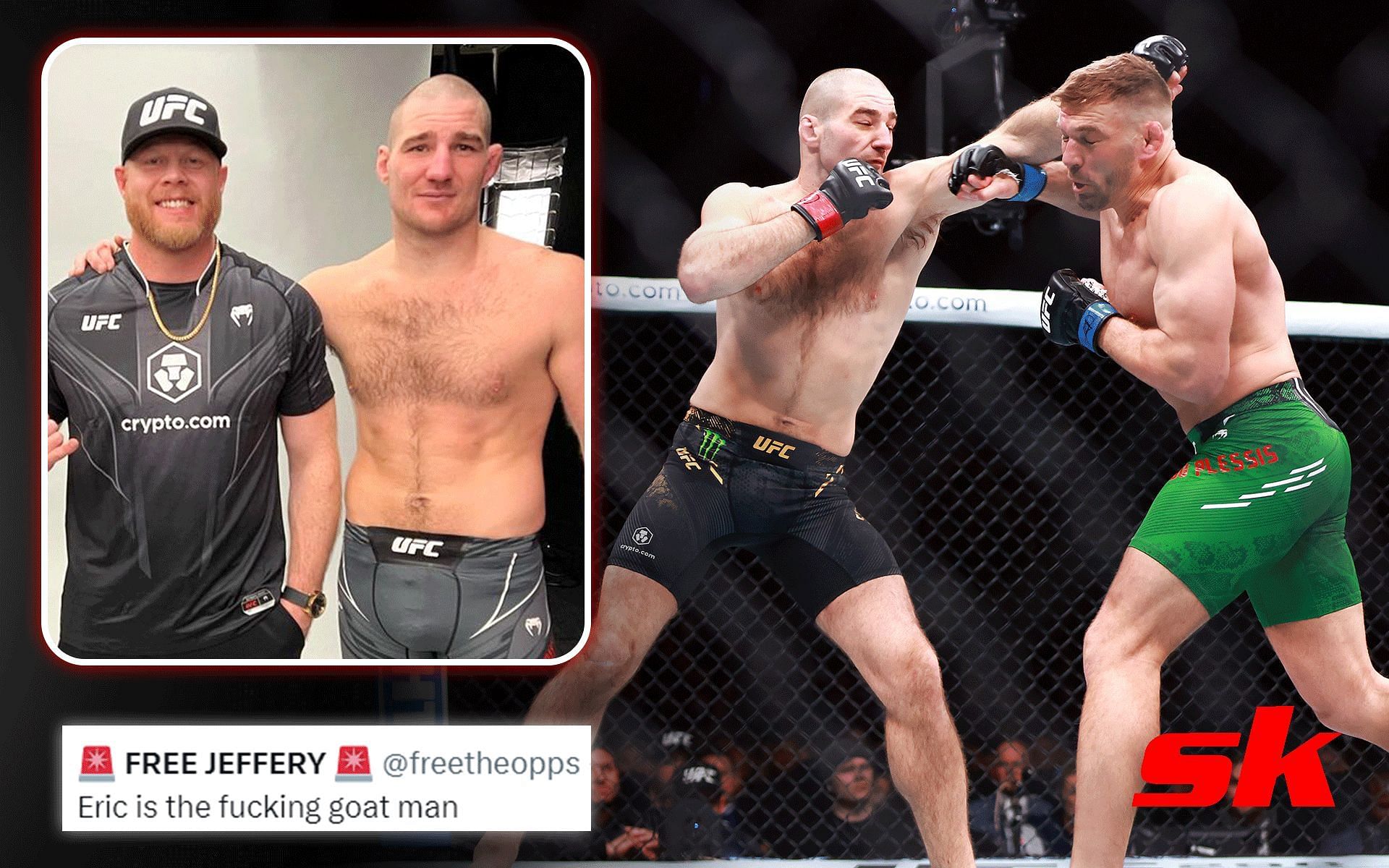 Eric Nicksick (far left) guided Sean Strickland to UFC gold in 2023; Strickland vs. Dricus du Plessis at UFC 297 (right) [Images courtesy: @eric_xcmma on Instagram and Getty Images]