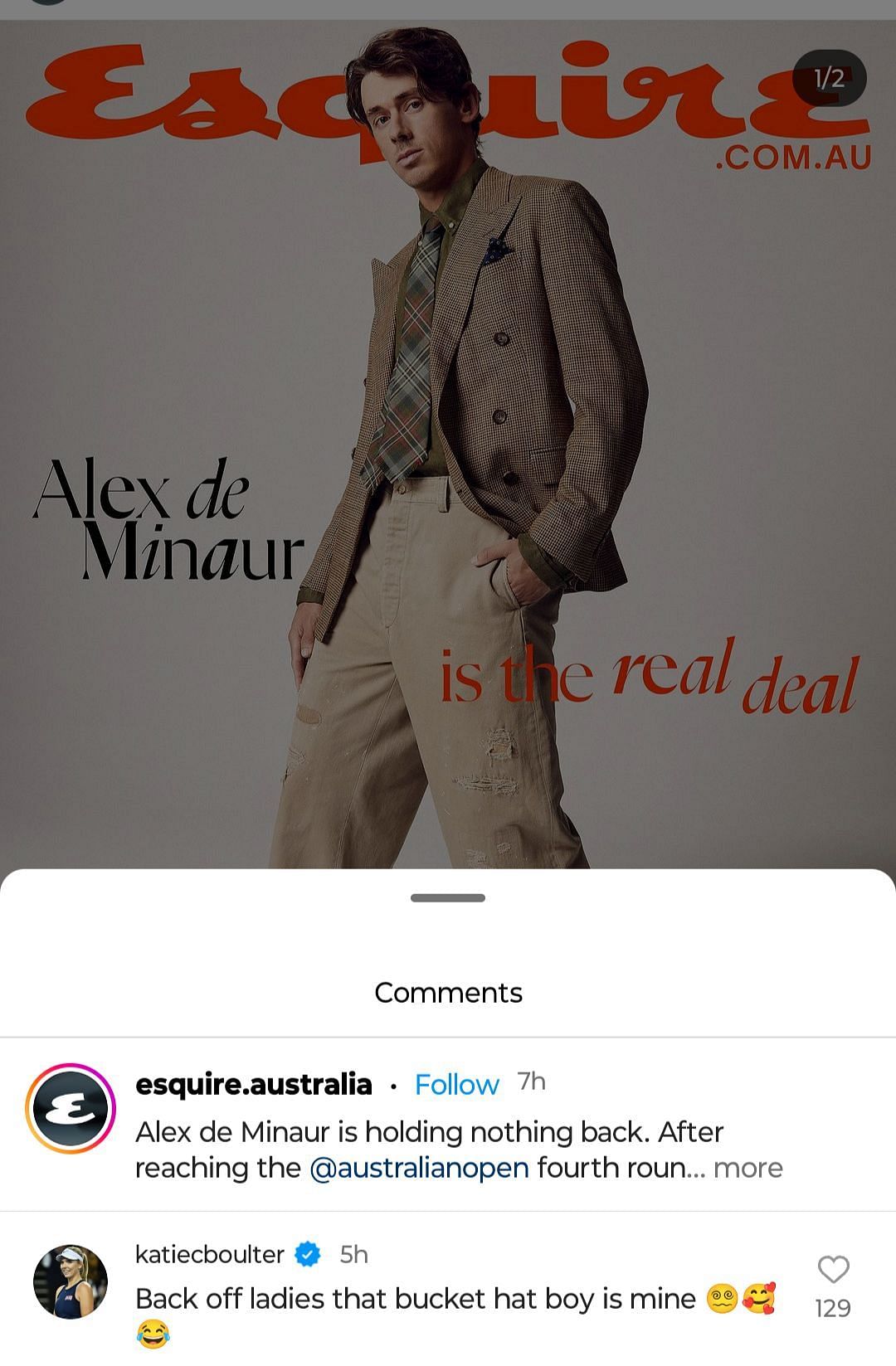 Katie Boulter leaves a candid comment on Alex De Minaur&#039;s post