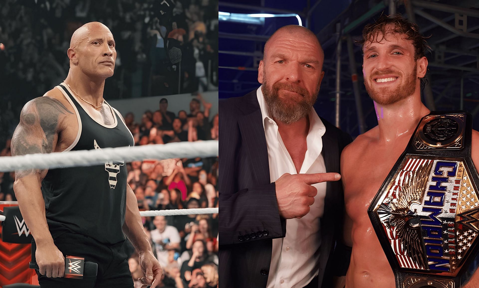 The Rock(left) and Logan Paul with Triple H(right)