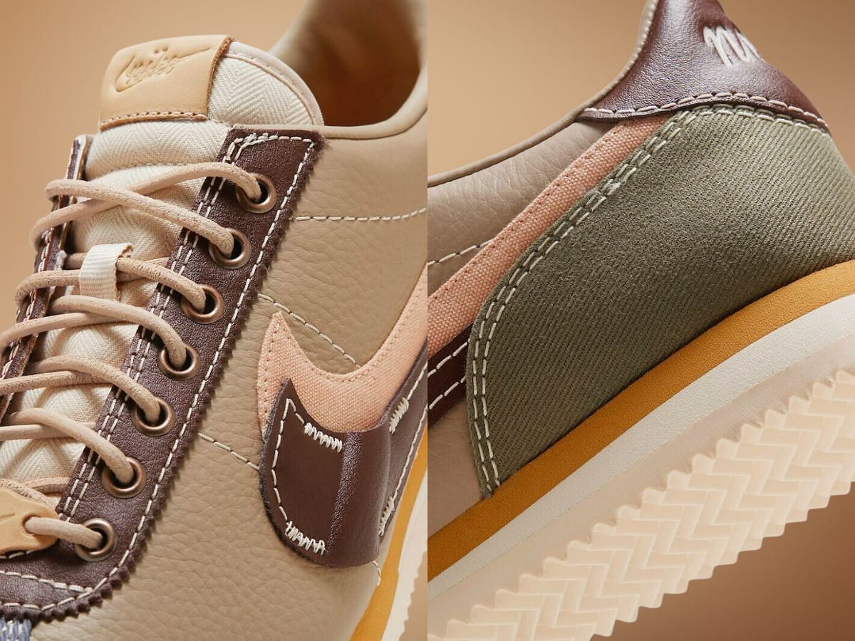 Take a closer look at the heels and tongues of the Nike Cortez Voodoo sneakers (Image via YouTube/@RagnoUpdates)