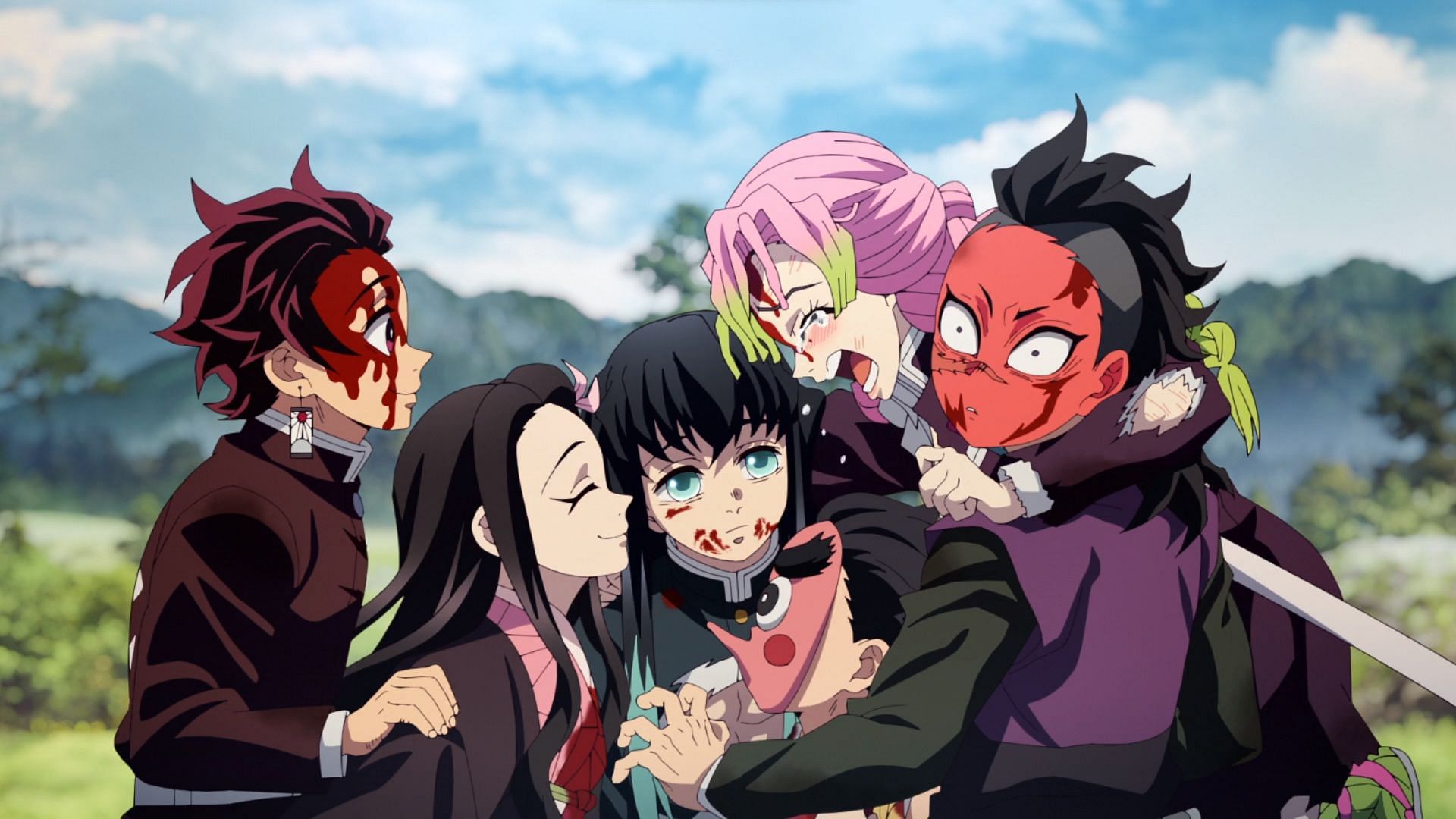 Tanjiro and his friends after defeating Hantengu (Image via Ufotable)