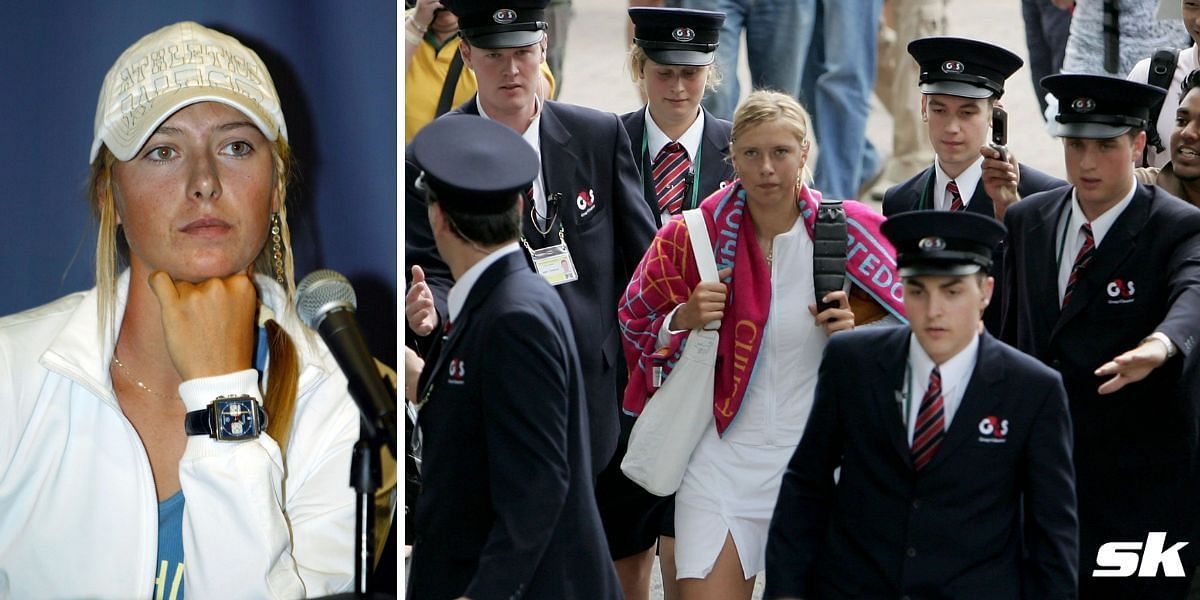 Maria Sharapova being escorted by guards at Wimbledon