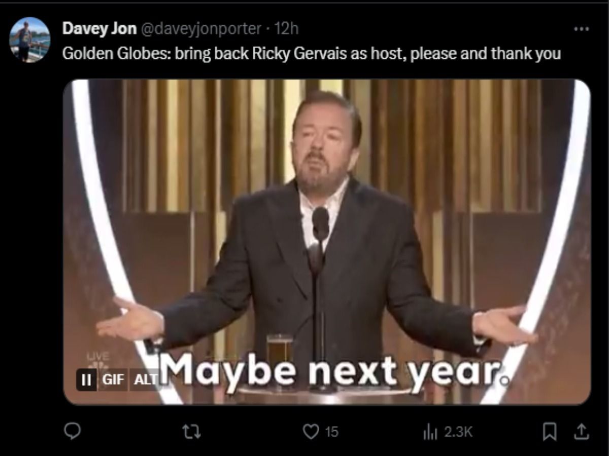 A tweet reply to a Golden Globes post about Jo Koy&#039;s monologue (Image via X)